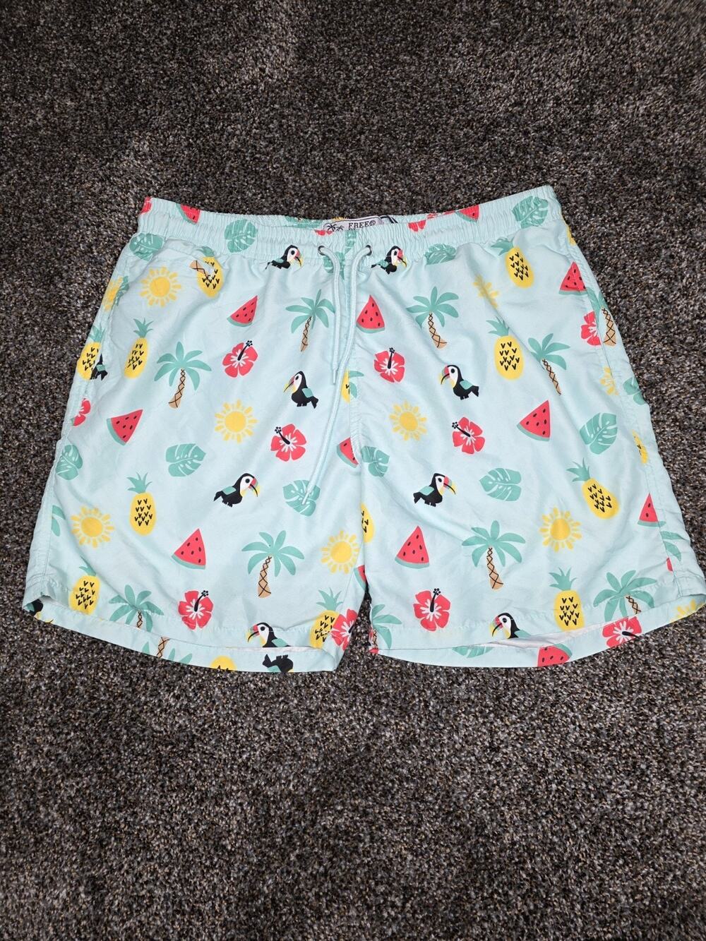 Free Planet Men's XL Swim Trunks Tropical Toucan Pineapple Mint Green Board...